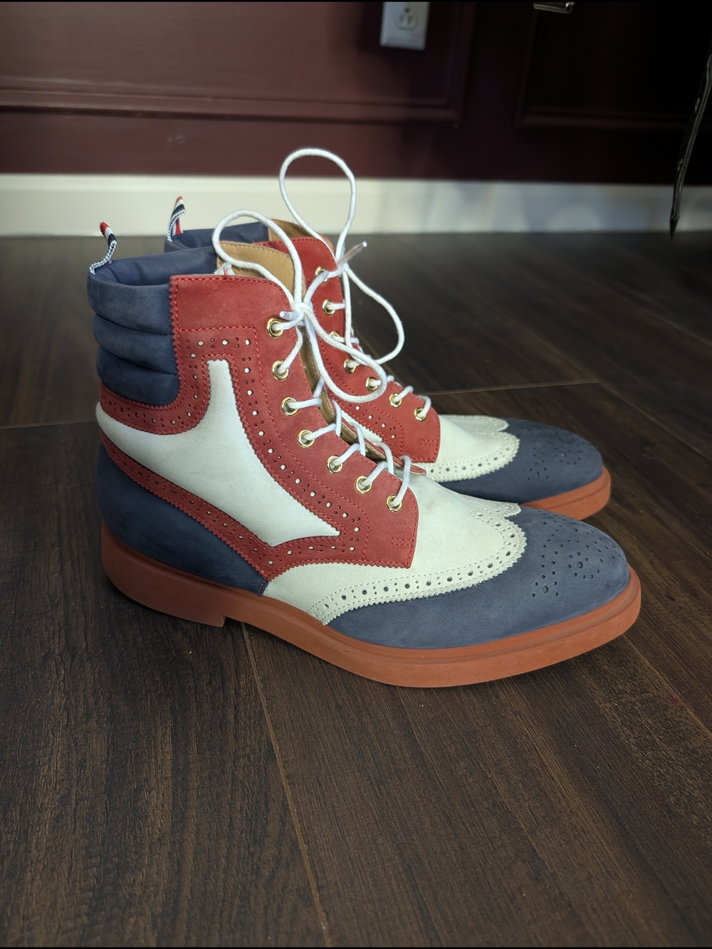Thom Browne Suede Wingtip Brogue Boots in Navy, White & Red Made In Italy Sz US8